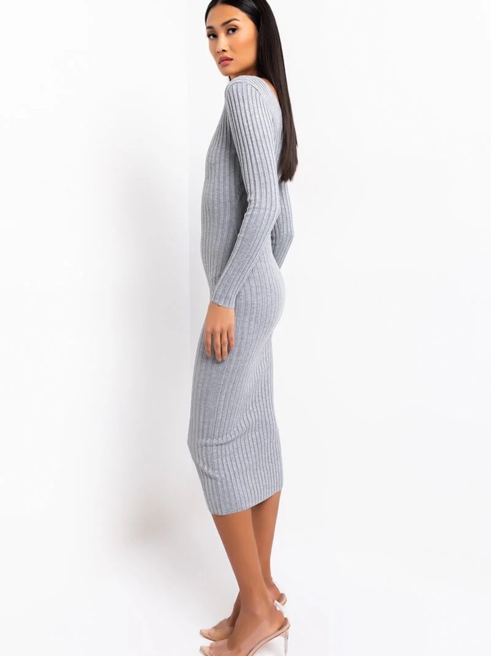 AKIRA Heather Gray Ribbed Knit Long Sleeve Bodycon Midi Dress | Small - Picture 3 of 9